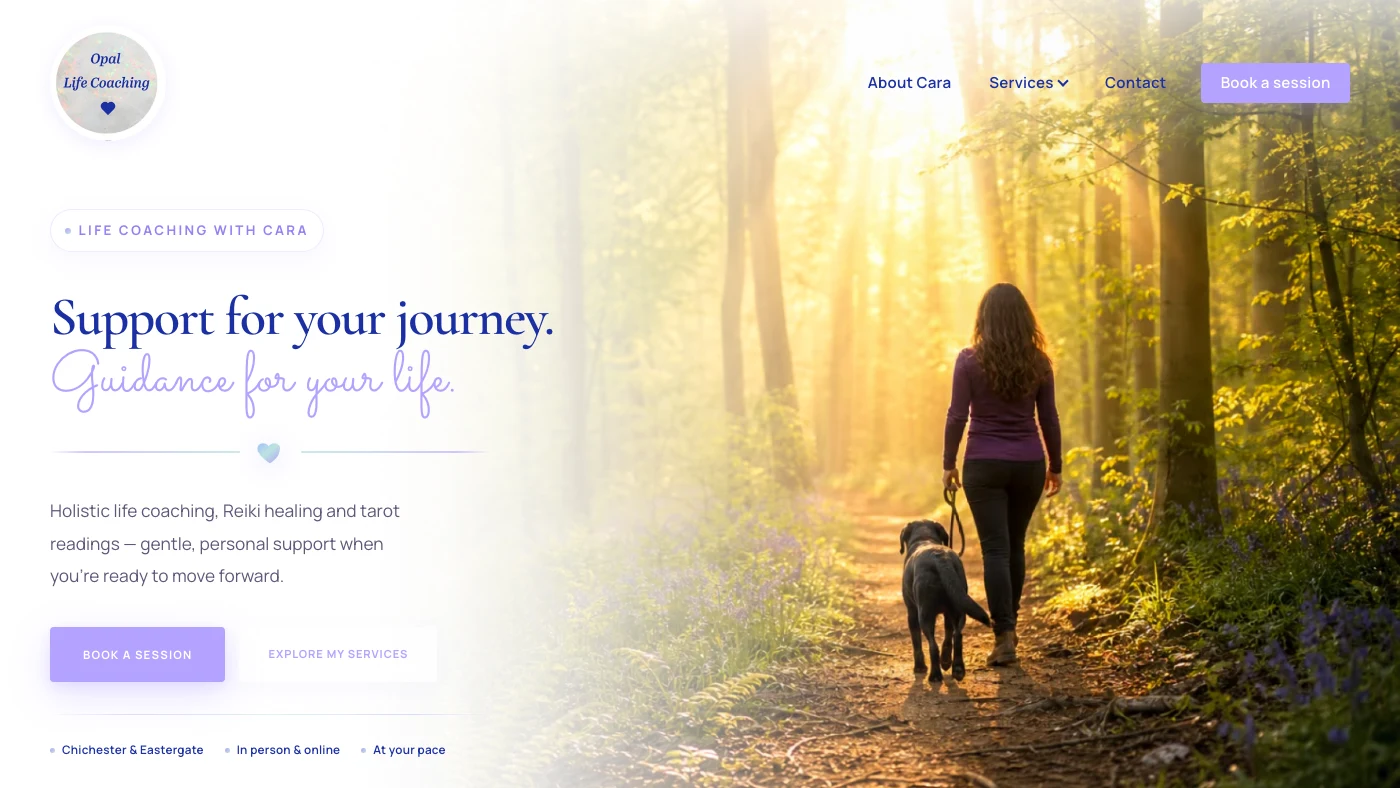 Opal Life Coaching homepage hero: a woman walking her dog along a sunlit woodland path beside the headline "Support for your journey"